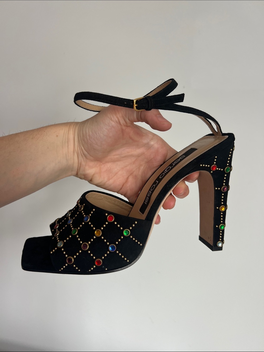 Sergio Rossi multicolor jeweled open toe black suede high heels sandals 41 - Picture 13 of 14